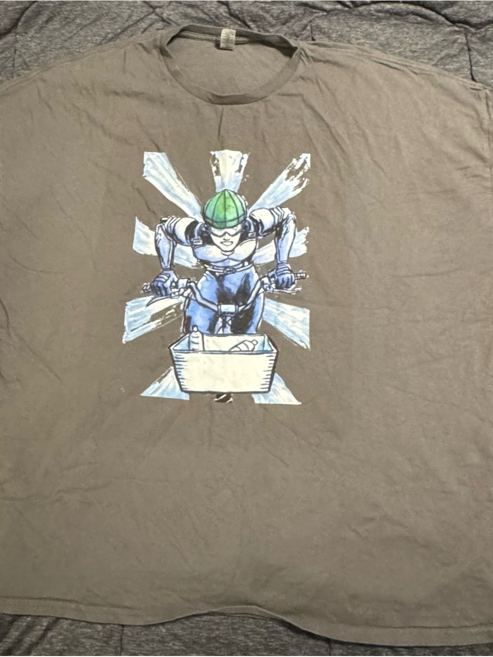 Mumen Rider Cyclist Graphic Tee in Gray with Blue & Green Artwork
